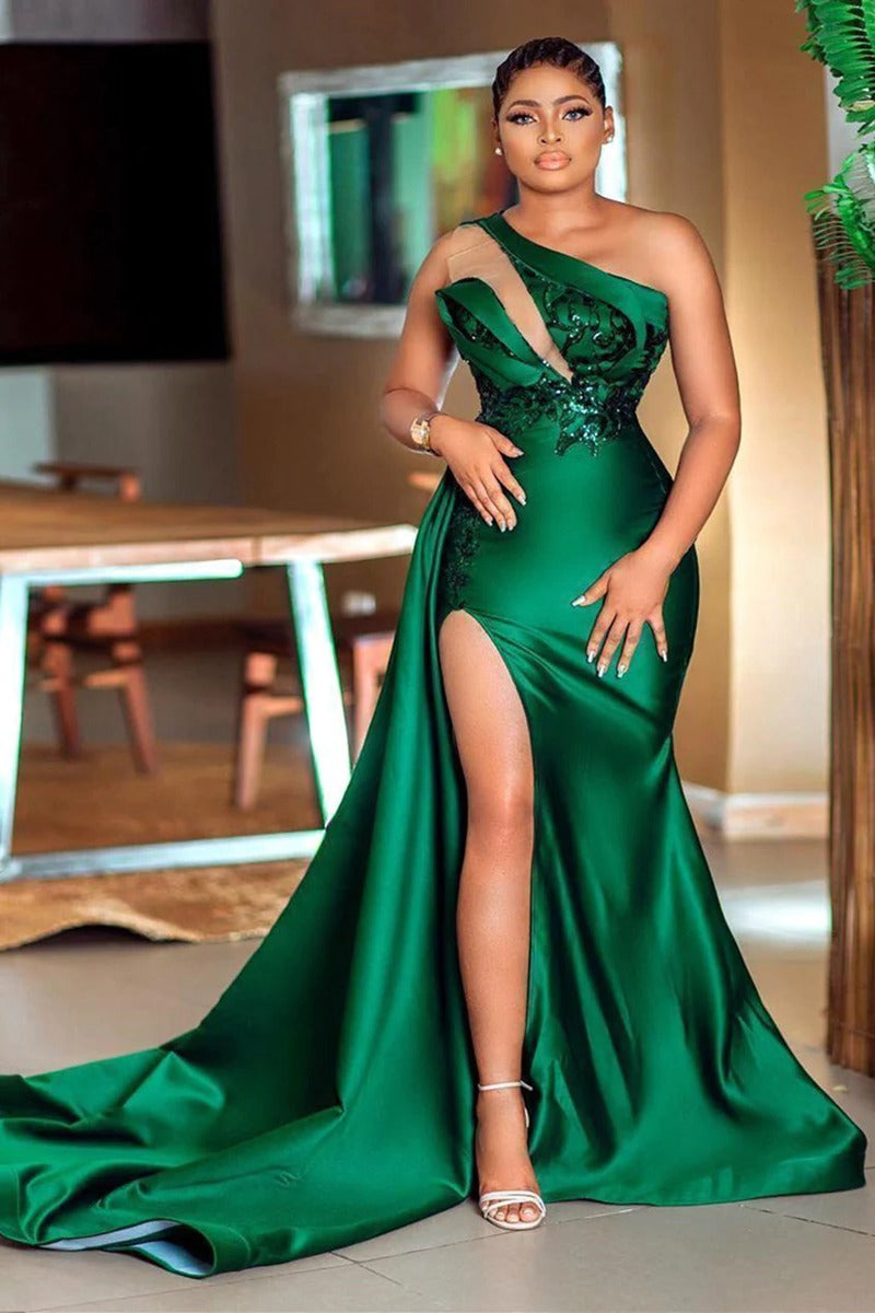 Trendy Plus Size Dark Green One Shoulder Split Mermaid Evening Gown JT