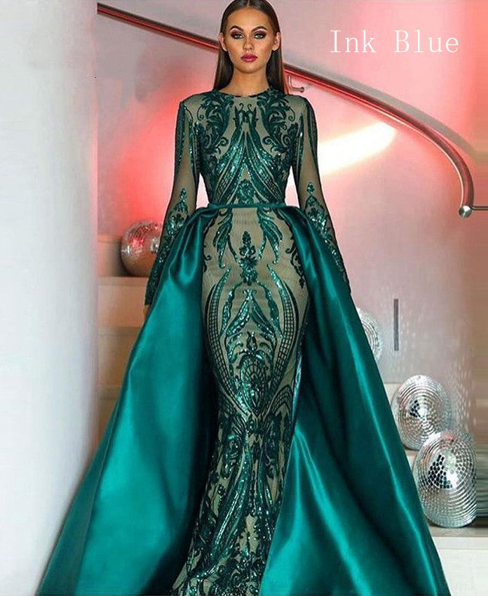 Unique Vintage Ink Blue Long Sleeve Evening Gown PXD008