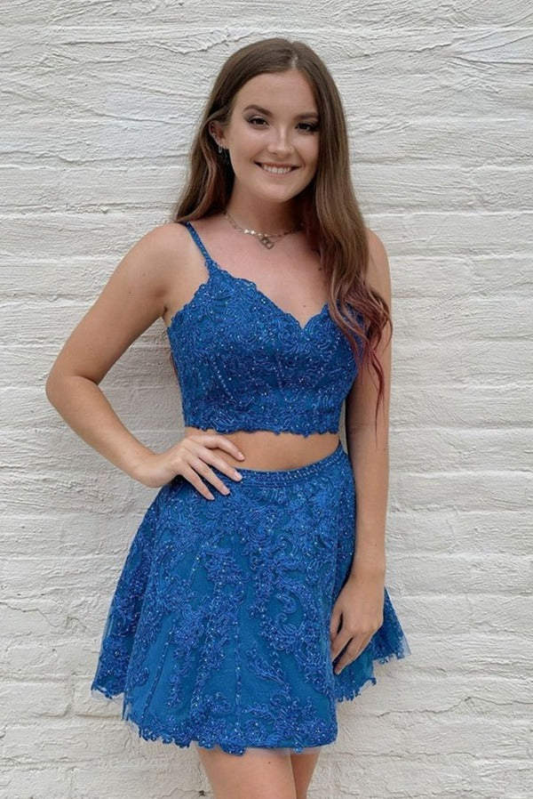 Royal blue two piece orders homecoming dress