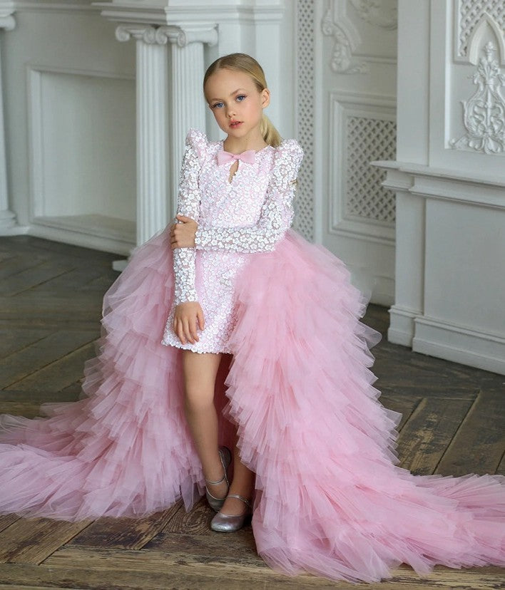 Kids Girls Pink Detachable Trailing Lace Princess Party Gowns CH0175