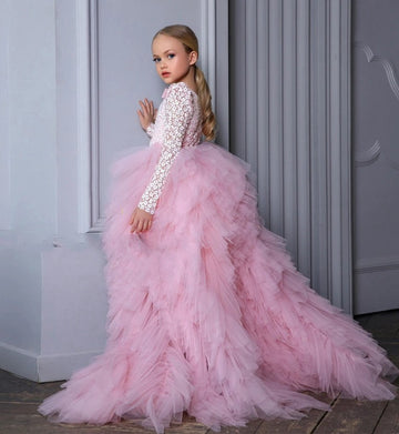 Kids Girls Pink Detachable Trailing Lace Princess Party Gowns CH0175