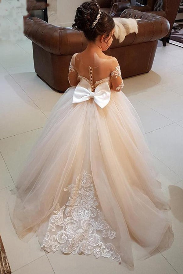 Long Sleeve Lace Flower Girl Dress with Bow GACH003