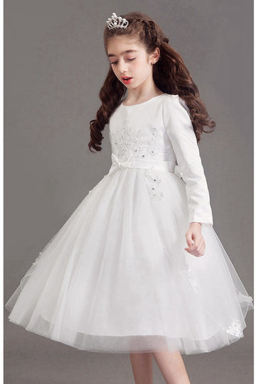 White Tea Length Long Sleeve Child Party Dress GACH018