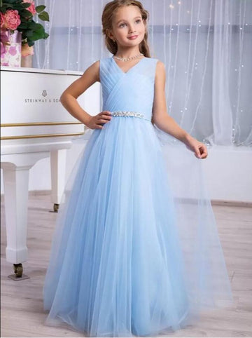 Sky Blue V Neck Kids Party Dress GBCH067