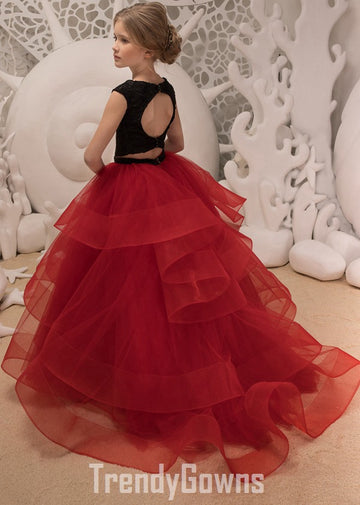 Black and Red Layered Ruffle Girls Party Gown GCHK039