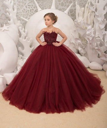 Kids Dark Burgundy Puffy Party Gown GCHK182