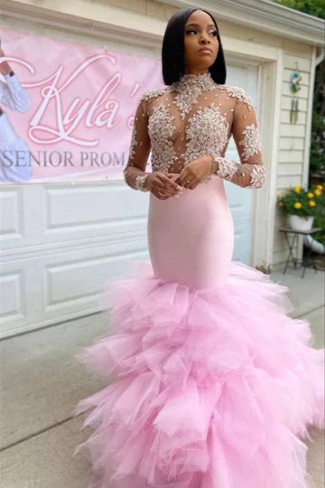 Pink Lace Beading High Neck Long Sleeves Mermaid Ruffles Prom Gown JTE634