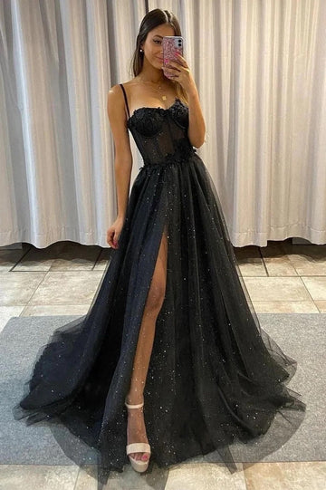 Trendy Black Spaghetti Strap Split A-line Prom Dress JTE635