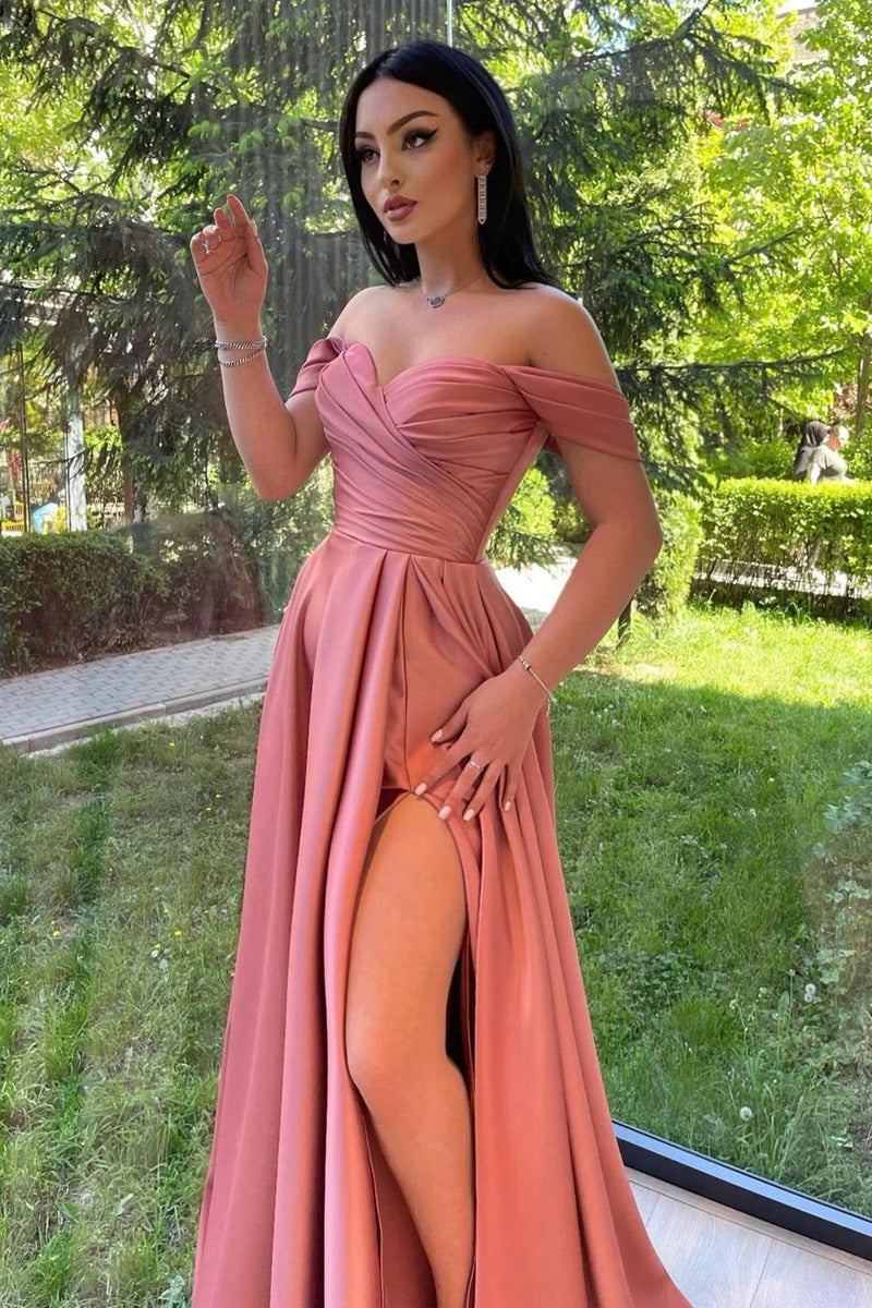Trendy A-line Pink Off-the-shoulder Sweetheart Prom Gown JTE692 with Slit
