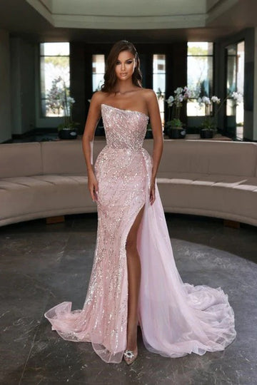 Trendy Pink Sexy Slit Mermaid Evening Gown JTE734