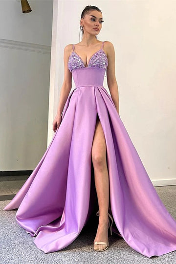 V-neck A-line Purple Lilac Spaghetti-Straps Split Evening Gown JTE750