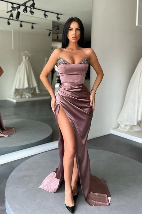 Trendy Dusty Pink Sequin Sweetheart Slit Mermaid Prom Gown JTE758