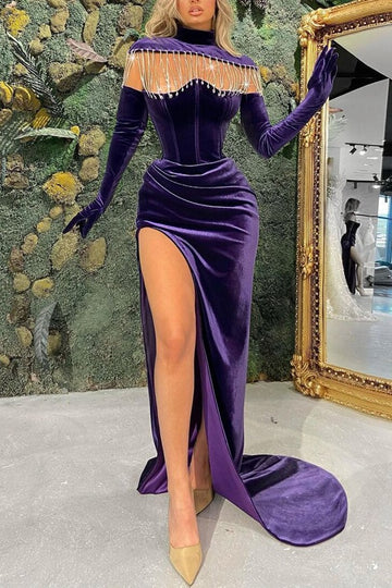 Trendy Purple Velvet Long Sleeve High Neck Slit Mermaid Evening Gown JTE760