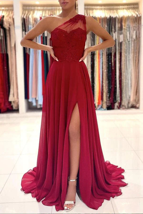 Trendy Burgundy Junior Chiffon A-line One Shoulder Lace Appliques Prom Dress JTE762