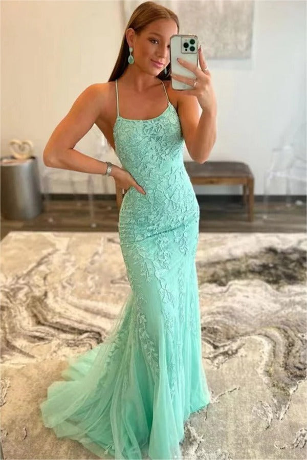 Trendy Turquoise Spaghetti Straps Junior Lace Mermaid Prom Gown JTE764