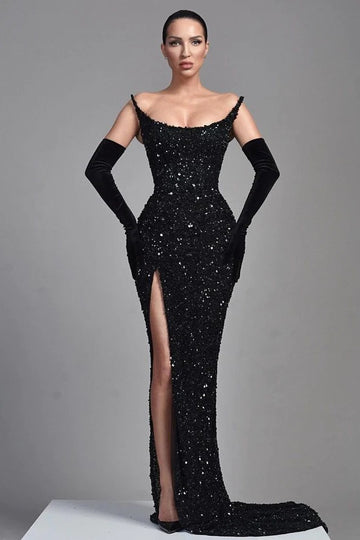 Trendy Black Sequins Slit Mermaid Evening Gown JTE765