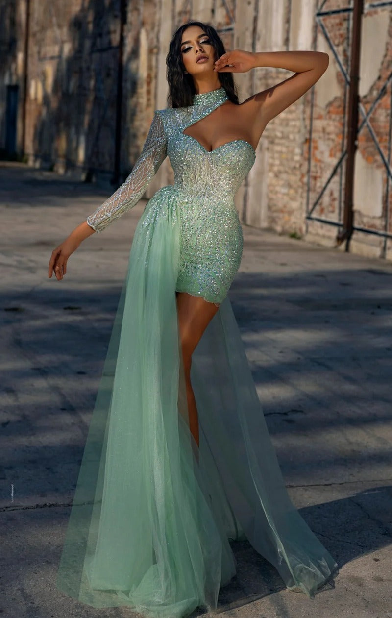 Trendy Green One Sleeve Sequins Mermaid Evening Gown JTE766