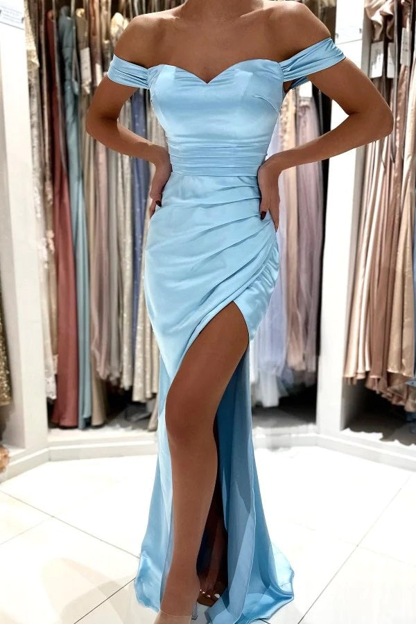 Trendy Sky Blue Off the Shoulder Satin Mermaid Evening Gown JTE770