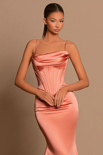 Trendy Coral Pink Spaghetti-Straps Satin Mermaid Evening Gown JTE776