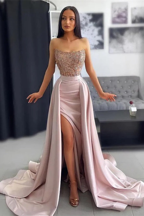 Trendy Strapless Pink Satin Overskirt Mermaid Evening Gown JTE778