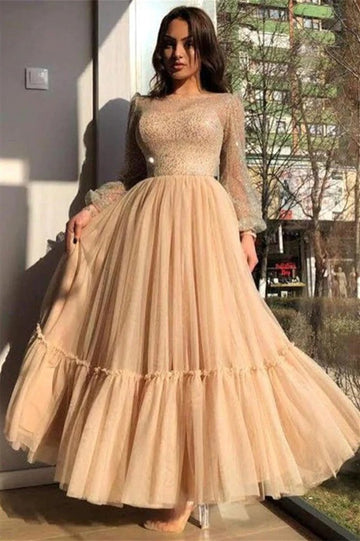 Trendy Champagne Long Sleeve Sequin Princess Evening Gown JTE795