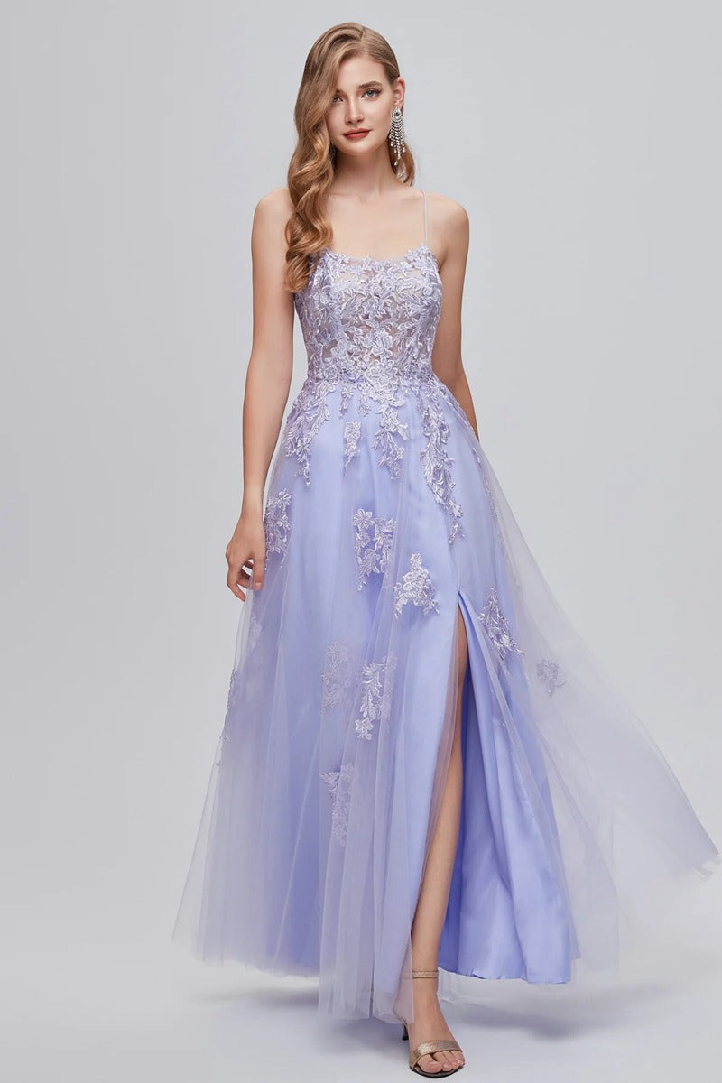 Trendy Lavender Purple Spaghetti Strap Lace Applique A-line Prom Gown JTE813