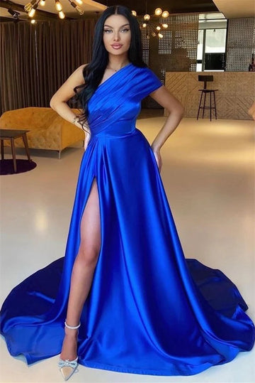 Trendy A-line Royal Blue Satin One Shoulder Slit Prom Gown JTE823