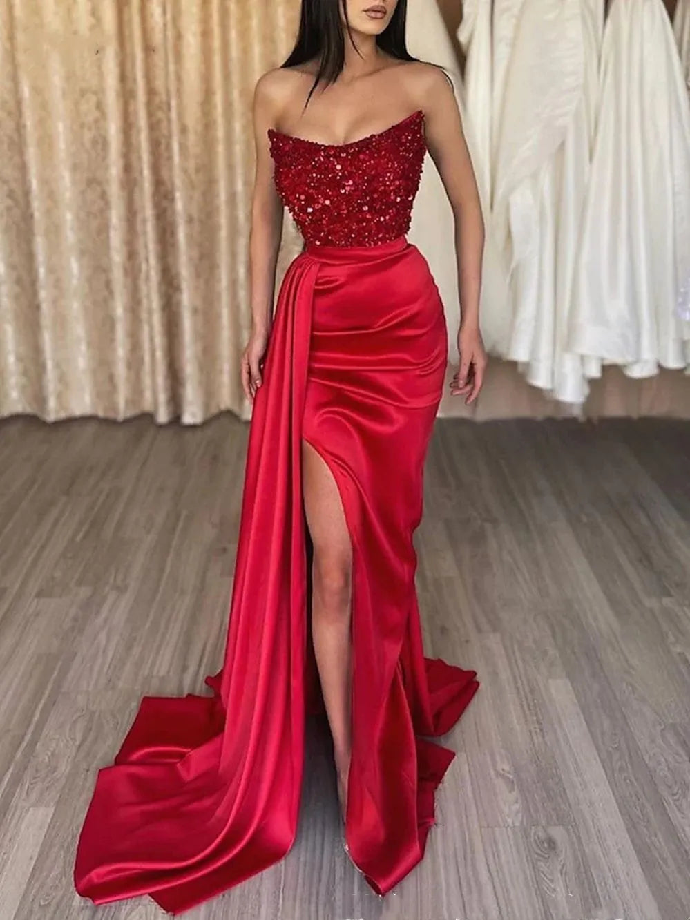 Trendy Red Slit Satin Mermaid Evening Gown JTE827