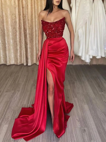 Trendy Red Slit Satin Mermaid Evening Gown JTE827