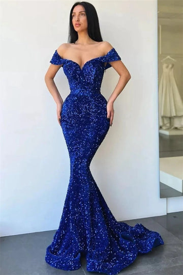 Trendy Royal Blue Off-The-Shoulder Sequin Mermaid Evening Gown JTE837