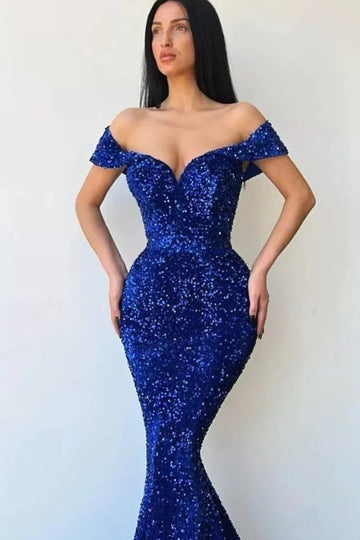 Trendy Royal Blue Off-The-Shoulder Sequin Mermaid Evening Gown JTE837