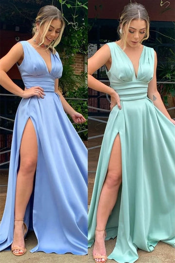 Trendy Blue V-neck A-line Sexy Slit Evening Gown JTE838