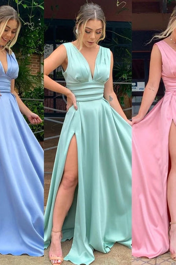 Trendy Blue V-neck A-line Sexy Slit Evening Gown JTE838