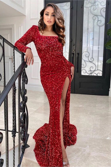 Trendy Burgundy Long Sleeve Sequin Slit Mermaid Evening Gown JTE843