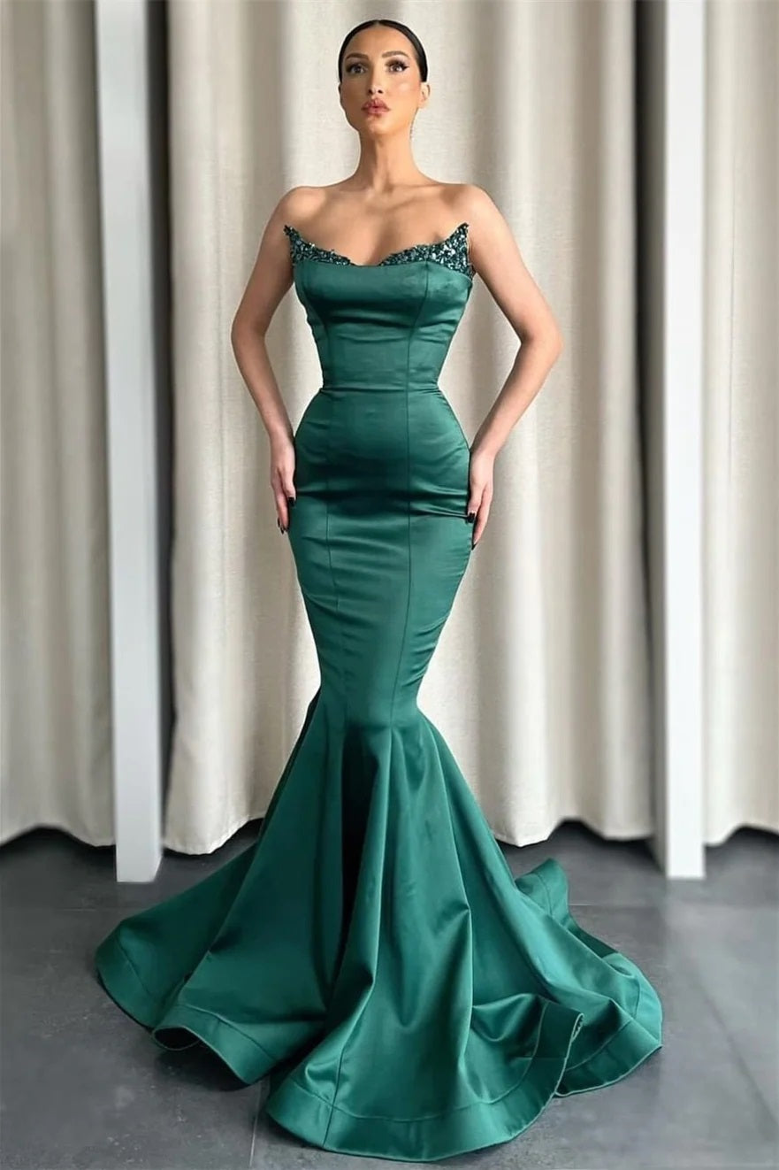 Trendy Dark Green Sweetheart Strapless Satin Mermaid Evening Gown JTE853