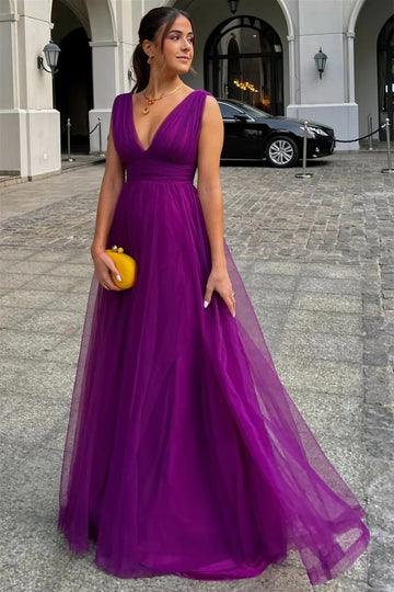 Trendy Purple Junior V-neck Tulle A-line Evening Gown JTE856