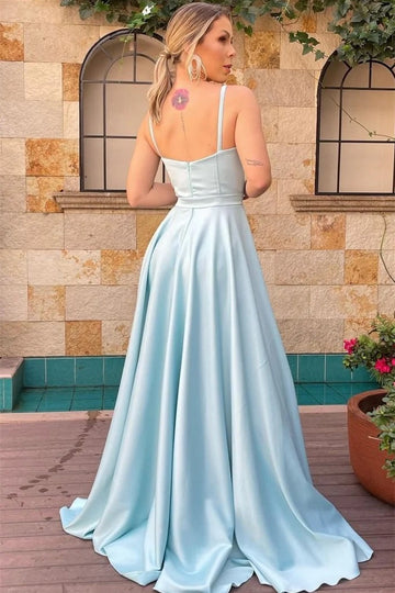 Trendy Sky-Blue Straps A-line Evening Gown JTE858