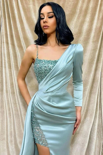 Trendy Blue One Sleeve Satin Sexy Slit Mermaid Evening Gown JTE861