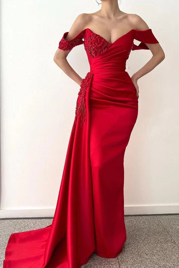 Trendy Red Off-the-Shoulder Satin Beading Mermaid Evening Gown JTE863