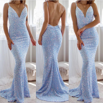 Trendy Blue Sexy V-neck Straps Mermaid Evening Gown JTE872