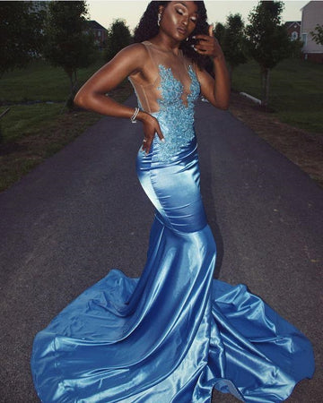 Trendy Blue Lace Satin Illusion Mermaid Evening Gown JTE884