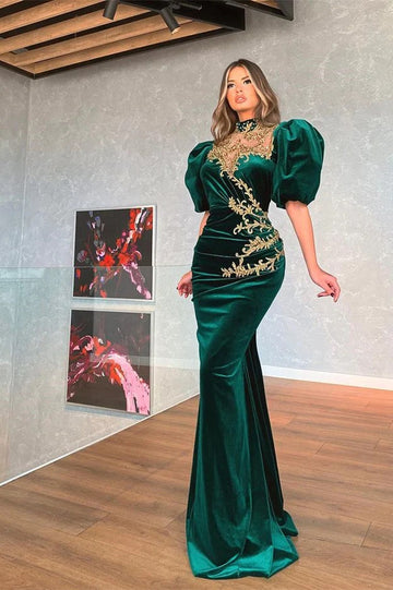 Trendy Dark Green Applique Half Sleeve Mermaid Evening Gown JTE885