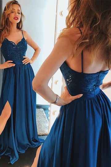 Trendy Navy-Blue Junior Spaghetti Strap Slit A-line Evening Gown JTE897