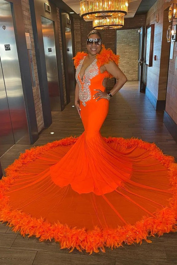 Trendy Orange Plus V-neck Sweep Train Mermaid Evening Gown JTE904