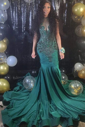 Trendy Dark Green Illusion Lace Beading Mermaid Evening Gown JTE906