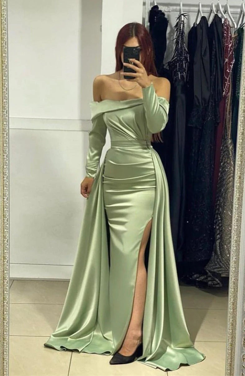 Trendy Sage Green Off-the-Shoulder Long Sleeve Satin Mermaid Evening Gown JTE911