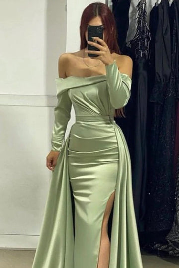 Trendy Sage Green Off-the-Shoulder Long Sleeve Satin Mermaid Evening Gown JTE911