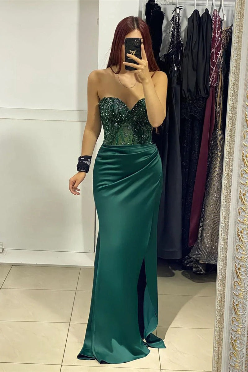 Trendy Dark Green Sweetheart Satin Beading Mermaid Evening Gown JTE912