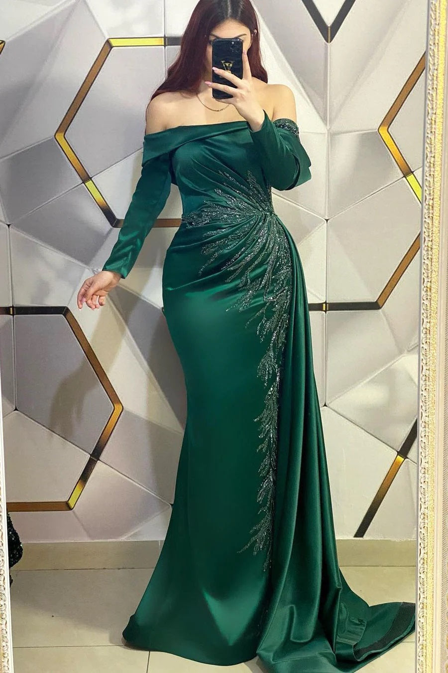 Trendy Dark Green Off-the-Shoulder Long Sleeve Satin Applique Mermaid Evening Gown JTE913