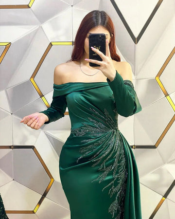 Trendy Dark Green Off-the-Shoulder Long Sleeve Satin Applique Mermaid Evening Gown JTE913